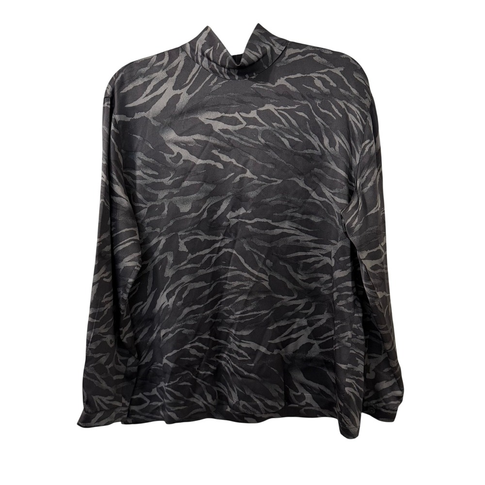 VTG Escada Margaretha Ley Silk Mock Neck Blouse Black Gray Zebra Print 40